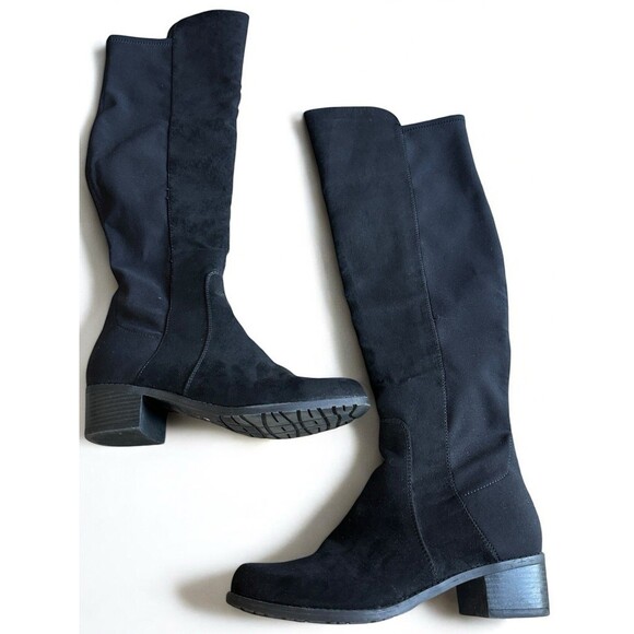 Black Suede Knee High Boots Size 8M Block Heel Riding Tall Zip Goth Twilight - Picture 3 of 13